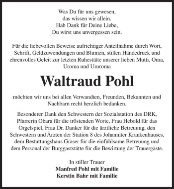 Traueranzeige von Waltraud Pohl  von Magdeburger Volksstimme