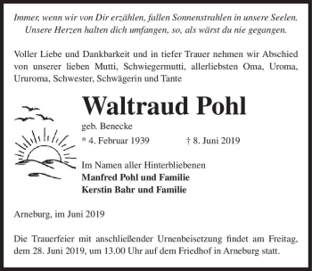 Traueranzeige von Waltraud Pohl (geb. Benecke)  von Magdeburger Volksstimme