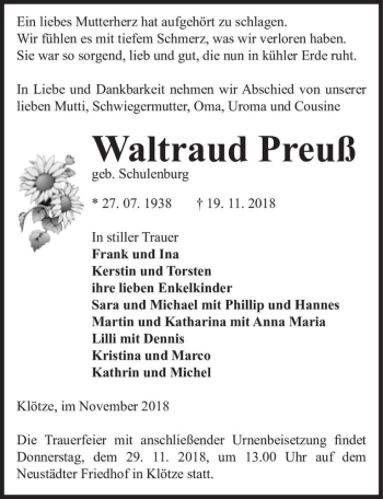 Traueranzeige von Waltraud Preuß (geb. Schulenburg)  von Magdeburger Volksstimme