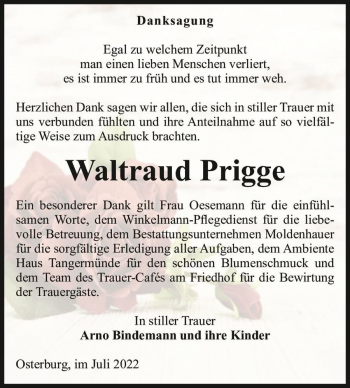 Traueranzeige von Waltraud Prigge  von Magdeburger Volksstimme