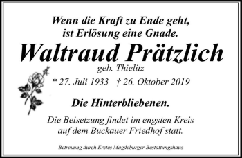 Traueranzeige von Waltraud Prätzlich (geb. Thielitz)  von Magdeburger Volksstimme
