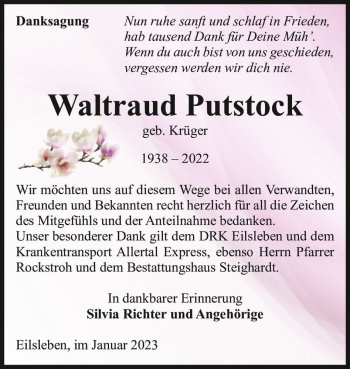 Traueranzeige von Waltraud Putstock (geb. Krüger)  von Magdeburger Volksstimme