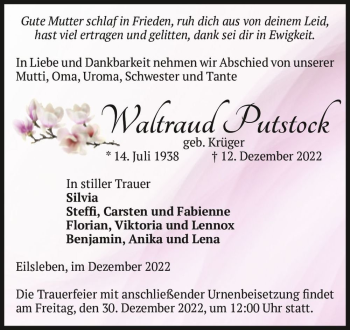 Traueranzeige von Waltraud Putstock (geb. Krüger)  von Magdeburger Volksstimme