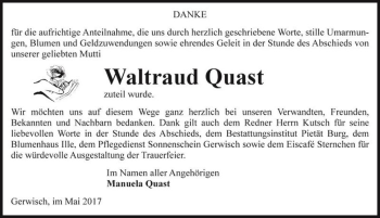 Traueranzeige von Waltraud Quast  von Magdeburger Volksstimme