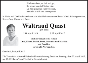 Traueranzeige von Waltraud Quast (geb. Tietz)  von Magdeburger Volksstimme
