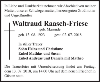 Traueranzeige von Waltraud Raasch-Friese (geb. Maronde)  von Magdeburger Volksstimme