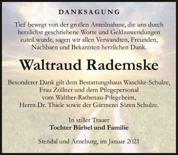Traueranzeige von Waltraud Rademske  von Magdeburger Volksstimme