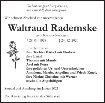 Traueranzeige von Waltraud Rademske (geb. Katzenellenbogen)  von Magdeburger Volksstimme