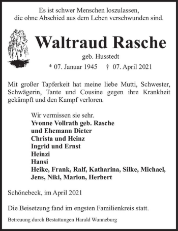 Traueranzeige von Waltraud Rasche (geb. Husstedt)  von Magdeburger Volksstimme