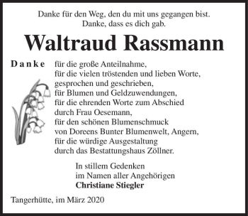 Traueranzeige von Waltraud Rassmann  von Magdeburger Volksstimme