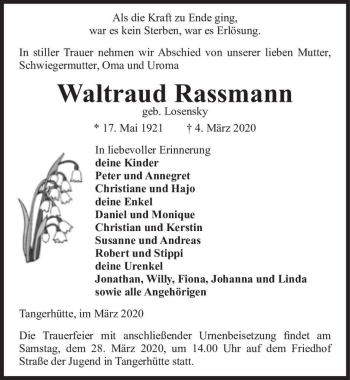 Traueranzeige von Waltraud Rassmann (geb. Losensky)  von Magdeburger Volksstimme