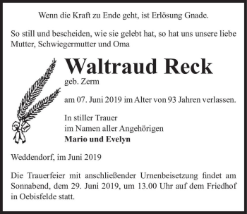 Traueranzeige von Waltraud Reck (geb. Zerm)  von Magdeburger Volksstimme