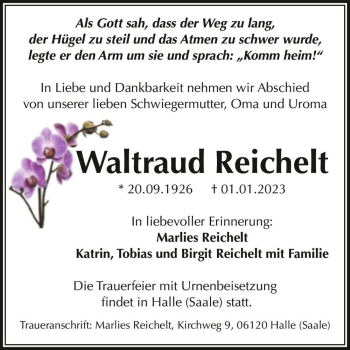 Traueranzeige von Waltraud Reichelt  von Magdeburger Volksstimme