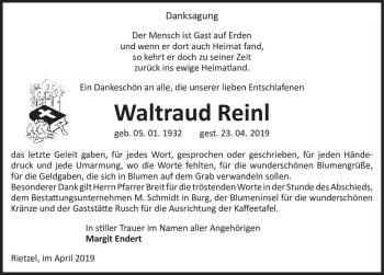 Traueranzeige von Waltraud Reinl  von Magdeburger Volksstimme