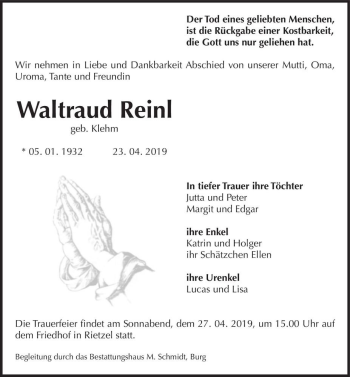 Traueranzeige von Waltraud Reinl (geb. Klehm)  von Magdeburger Volksstimme