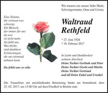 Traueranzeige von Waltraud Rethfeld  von Magdeburger Volksstimme