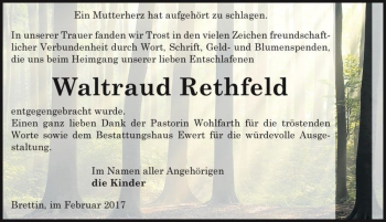 Traueranzeige von Waltraud Rethfeld  von Magdeburger Volksstimme