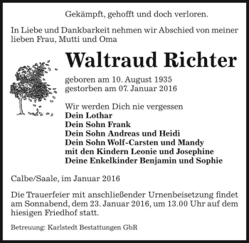 Traueranzeige von Waltraud Richter  von Magdeburger Volksstimme