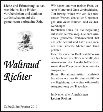 Traueranzeige von Waltraud Richter  von Magdeburger Volksstimme