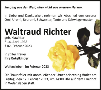 Traueranzeige von Waltraud Richter (geb. Klawitter)  von Magdeburger Volksstimme