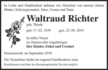 Traueranzeige von Waltraud Richter (geb. Thiede)  von Magdeburger Volksstimme