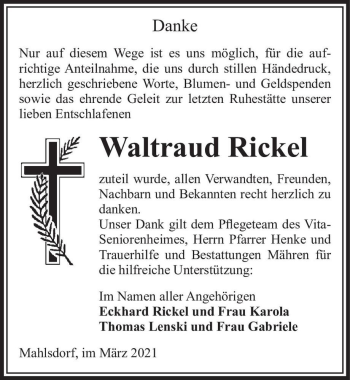 Traueranzeige von Waltraud Rickel  von Magdeburger Volksstimme