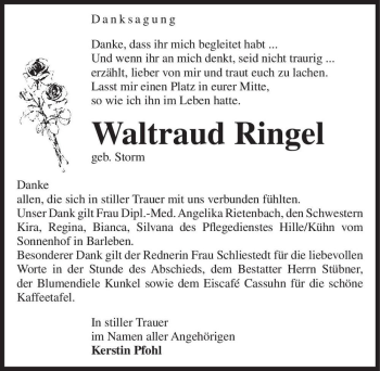 Traueranzeige von Waltraud Ringel (geb. Storm)  von Magdeburger Volksstimme