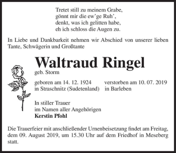 Traueranzeige von Waltraud Ringel (geb. Storm)  von Magdeburger Volksstimme