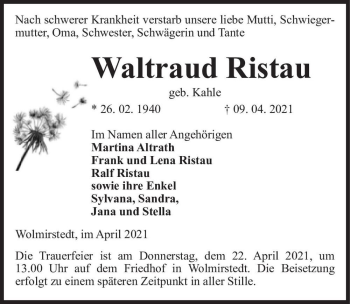Traueranzeige von Waltraud Ristau (geb. Kahle)  von Magdeburger Volksstimme