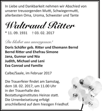 Traueranzeige von Waltraud Ritter  von Magdeburger Volksstimme