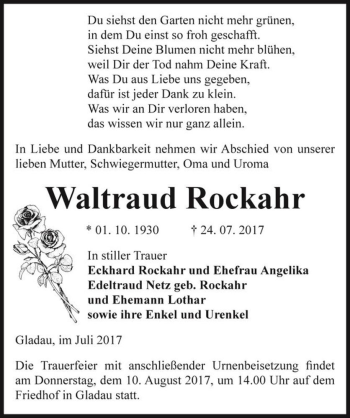 Traueranzeige von Waltraud Rockahr  von Magdeburger Volksstimme