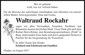 Traueranzeige von Waltraud Rockahr  von Magdeburger Volksstimme