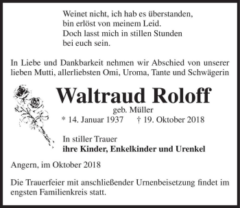Traueranzeige von Waltraud Roloff (geb. Müller)  von Magdeburger Volksstimme
