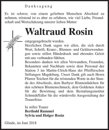 Traueranzeige von Waltraud Rosin  von Magdeburger Volksstimme