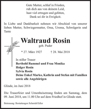 Traueranzeige von Waltraud Rosin (geb. Puder)  von Magdeburger Volksstimme