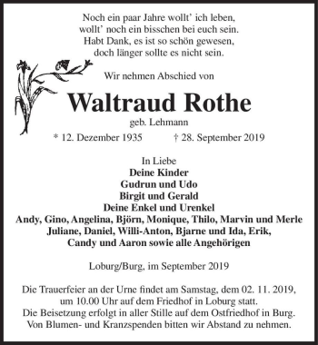 Traueranzeige von Waltraud Rothe (geb. Lehmann)  von Magdeburger Volksstimme