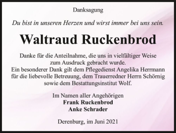 Traueranzeige von Waltraud Ruckenbrod  von Magdeburger Volksstimme