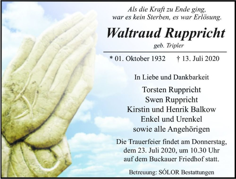  Traueranzeige für Waltraud Ruppricht (geb. Tripler)  vom 18.07.2020 aus Magdeburger Volksstimme