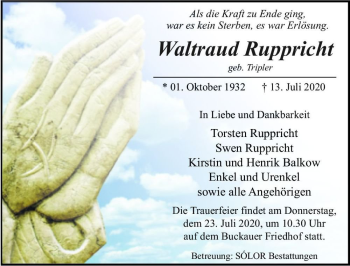 Traueranzeige von Waltraud Ruppricht (geb. Tripler)  von Magdeburger Volksstimme