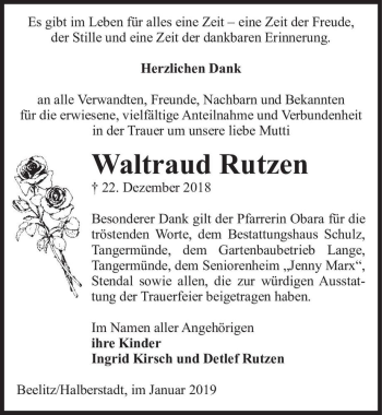 Traueranzeige von Waltraud Rutzen  von Magdeburger Volksstimme