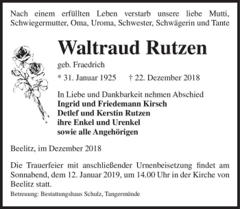 Traueranzeige von Waltraud Rutzen (geb. Fraedrich)  von Magdeburger Volksstimme