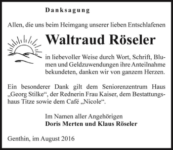 Traueranzeige von Waltraud Röseler  von Magdeburger Volksstimme