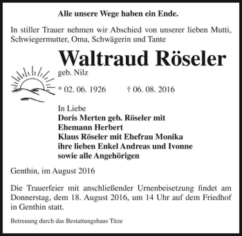 Traueranzeige von Waltraud Röseler (geb. Nilz)  von Magdeburger Volksstimme