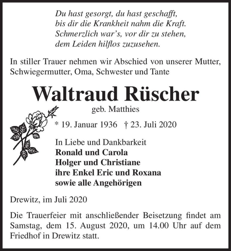  Traueranzeige für Waltraud Rüscher (geb. Matthies)  vom 08.08.2020 aus Magdeburger Volksstimme