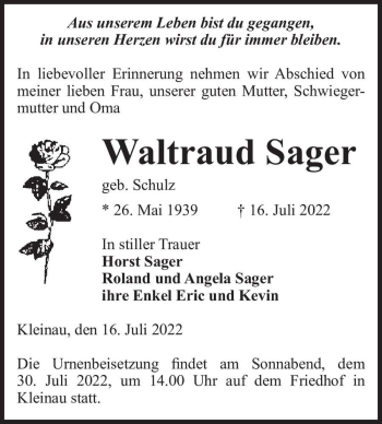 Traueranzeige von Waltraud Sager (geb. Schulz)  von Magdeburger Volksstimme