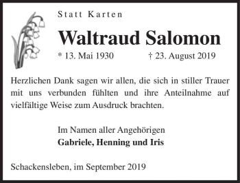 Traueranzeige von Waltraud Salomon  von Magdeburger Volksstimme