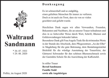 Traueranzeige von Waltraud Sandmann  von Magdeburger Volksstimme