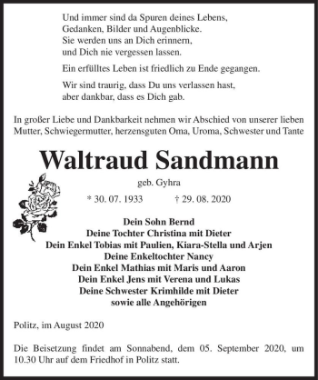 Traueranzeige von Waltraud Sandmann (geb. Gyhra)  von Magdeburger Volksstimme