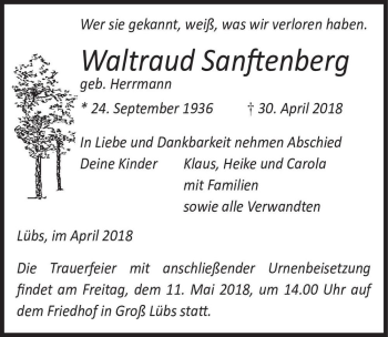 Traueranzeige von Waltraud Sanftenberg (geb. Herrmann)  von Magdeburger Volksstimme