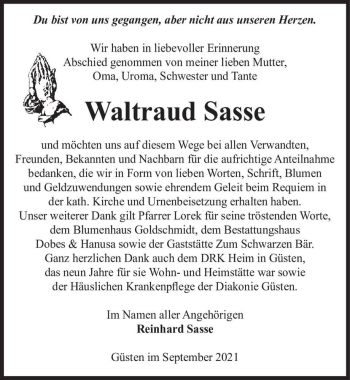 Traueranzeige von Waltraud Sasse  von Magdeburger Volksstimme